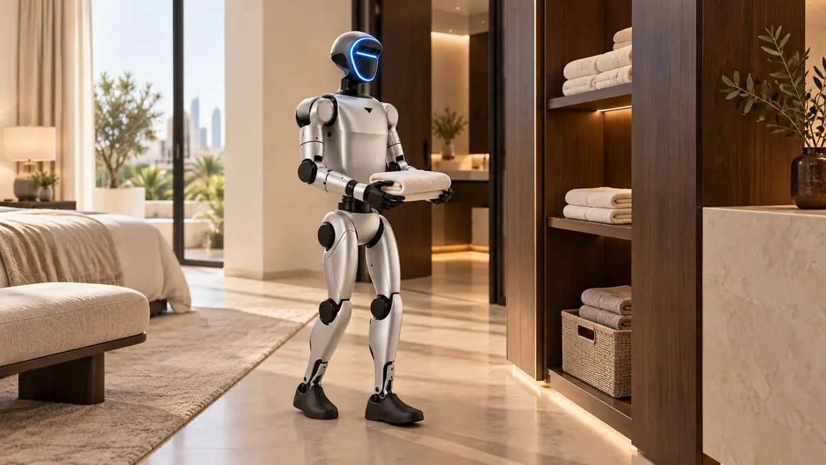 Illustration: the Homejay Humanoid in the bedroom. Carries a light folded towel to a shelf it can reach.