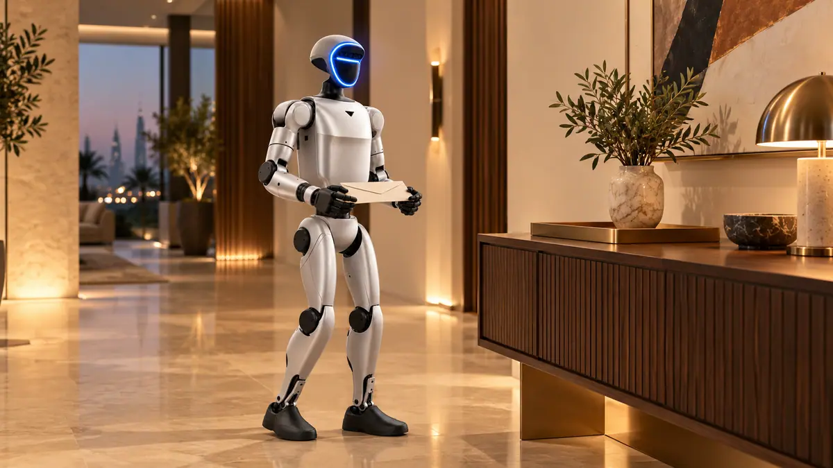 Illustration: the Homejay Humanoid in the entrance. Moves letters from the floor or bench to the console tray.