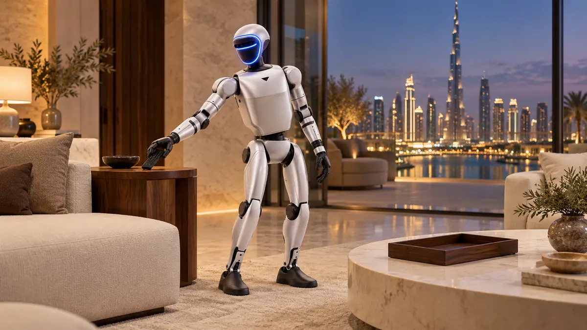 Illustration: the Homejay Humanoid in the living room. Picks up a light object from a known place and brings it to you.